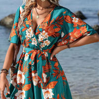 Estampado de mujer V Mono de manga corta y pantalones cortos ，Cinturón con cuello cruzado manga volantes estilo vacaciones playa - details 3