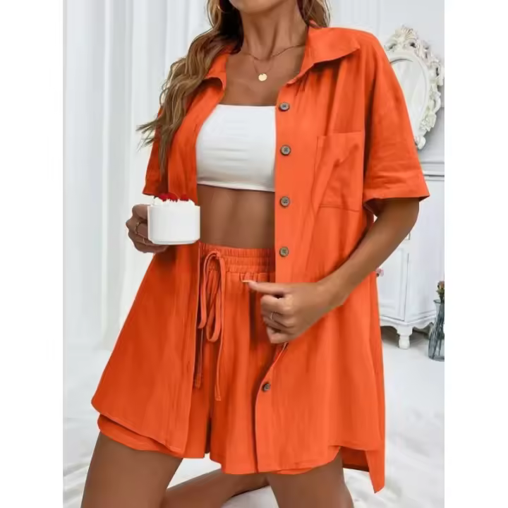 Conjunto de dos piezas de camisa y pantalón corto de manga corta para mujer, traje informal de lino y algodón para el hogar, color negro, a la moda, 2025 - 1
