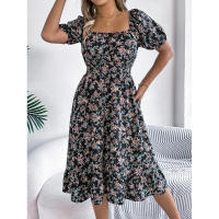 Primavera Verano 2025 Europeo y Americano Floral Cuello Cuadrado Manga Corta Cintura con Volantes Falda Línea A - details 31