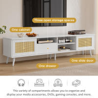 Mueble TV de ratán blanco, dimensiones 200x40x49 cm, apto para TV de 90 pulgadas, con 2 puertas de ratán, 1 cajón y 3 compartimentos abiertos - Construcción robusta, capacidad de carga 50 kg, mueble TV - details 1