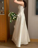 Vestido de novia ligero francés con satén de sensación simple y lujosa, compromiso sin tirantes, emisión de certificado, ceremonia de banquete, - details 5