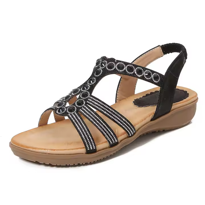 Sandalia de verano, nuevo estilo, elegante, con cuentas, hebilla de diamantes de imitación, tacón elástico con correa de goma, zapatos de mujer - 1