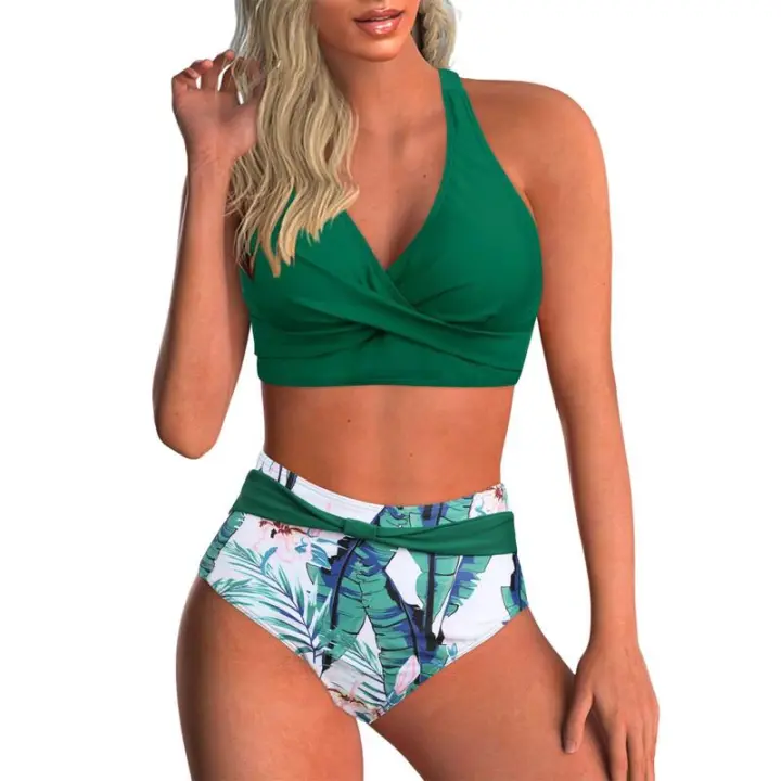 Trajes de baño de dos piezas para mujer, bikini cruzado frontal, cintura alta, parte inferior, control de abdomen, trajes de baño con estampado vintage. - 1