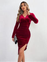 Vestido de terciopelo rojo vino de mujer vestido corto - details 6