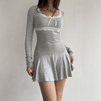 BUNO-vestido acampanado de encaje de retales para mujer, minivestido informal básico con cuello cuadrado y manga larga, otoño y primavera 2025. - details 2