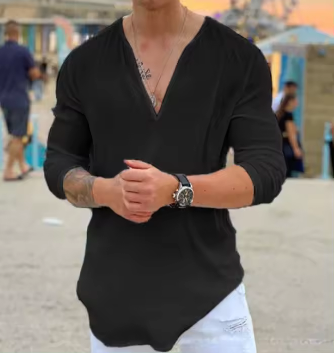 Camisa casual de lino de manga larga con cuello en V para hombre, blanco y negro, talla grande 3XL, 2XL - 1
