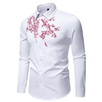 Camisa à manches longues brodée de fleurs exquises pour hommes, chemises de bureau monocromos décontractées, chemise de boîte de noche de fiesta masculino, mode printanière - details 2
