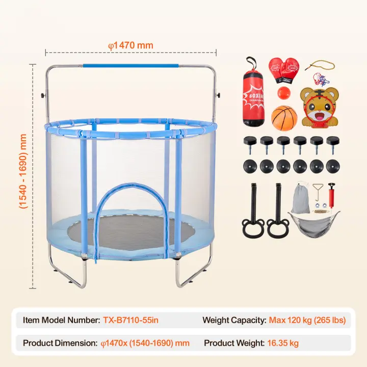 SucceBuy Trampolín para niños de 55 pulgadas, mini trampolín para niños pequeños de 4,6 pies para interiores y exteriores con red de seguridad y aro de baloncesto - 1