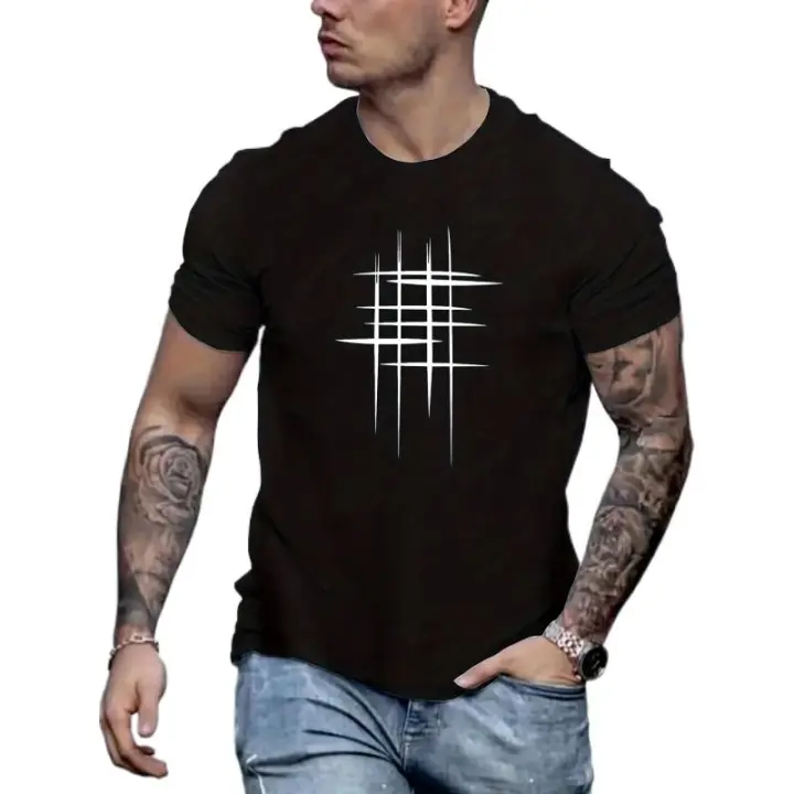 Camiseta casual de manga corta para hombre: cuello redondo, tejido de poliéster suave, diseño geométrico de líneas negras, camiseta de estilo veraniego para uso informal - 1