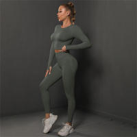 Conjuntos de gimnasio para mujeres 2 piezas manga larga ropa de yoga top cropped costilla alta leggings sin costuras material elástico para primavera/verano - details 26