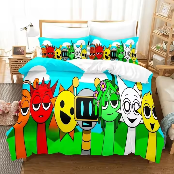 Sprunki Juego de cama individual, doble, tamaño completo, tamaño Queen, tamaño King, juego de cama para adultos y niños, juegos de fundas de edredón para dormitorio, Sprunki Anime - 1
