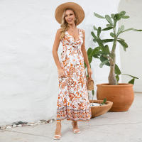 Vestidos largos bohemios para mujer, cuello en V, sin mangas, cintura alta, Maxi, estampado naranja, playa, S - details 5