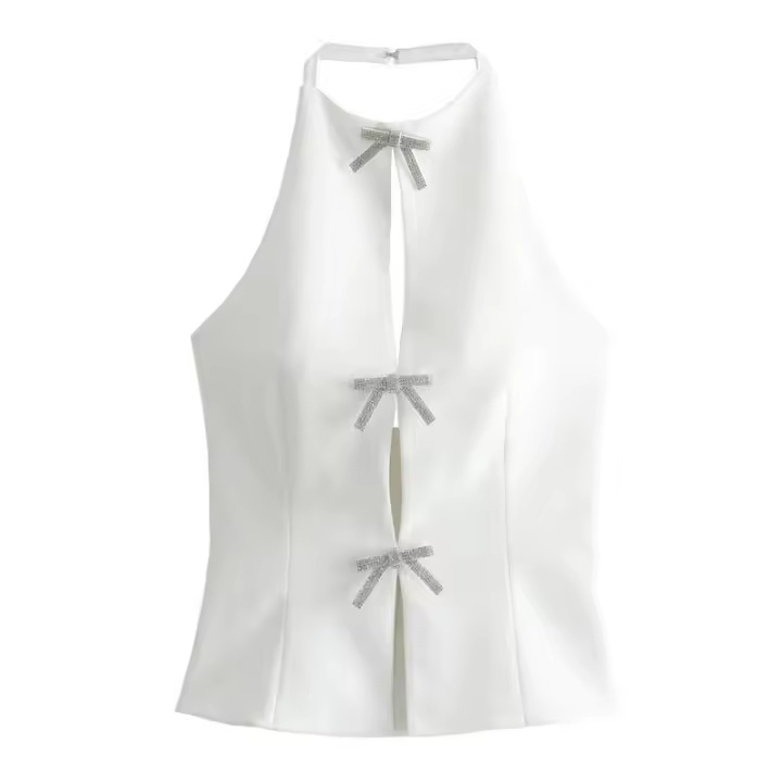 Ouwu Top de Verano para Mujer Joyería con Lazo, Decoración, Cuello Colgante, Top sin Mangas, Bonito Top con Tirantes 2025 - 1