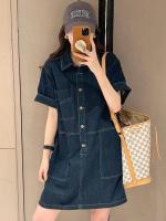 Vestido de Denim para Mujer de Moda Estilo Suelto, Cuello de Polo, Falda Midi en Forma de H - details 15