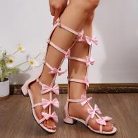 Moda Terciopelo Arco Correa fina Botas largas y frescas Sandalias de tacón grueso para mujer Botas de verano para mujer - details 3