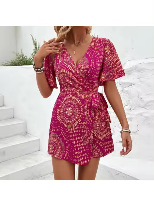 Vestido de verano para mujer con escote en V, estampado, corte Bo, estilo vacaciones, estilo Viero. - 1