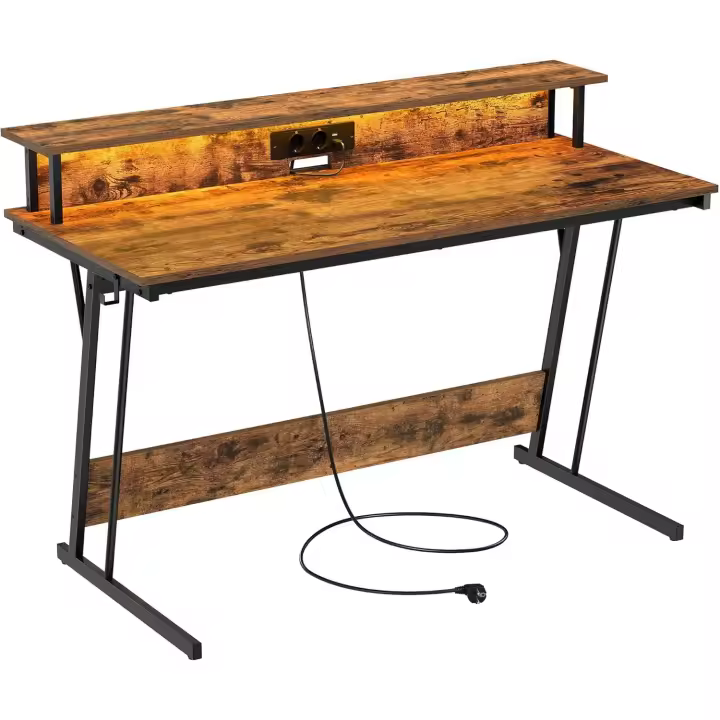 Escritorio de Juegos con Luces LED y Enchufes Mesa de Oficina Dormitorio para 2 Monitores - 1