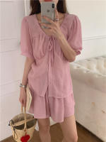 Blusa de verano 2024 de gran tamaño para mujer, traje de dos piezas con camisa de manga corta y pantalones de pierna ancha de cintura alta. - details 36