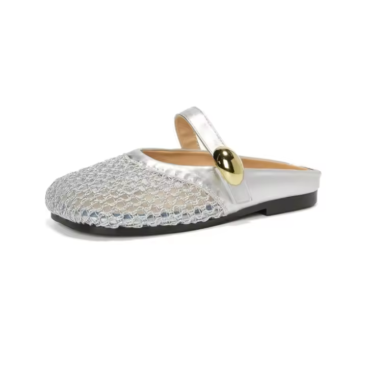 Pantuflas plateadas huecas y transpirables para mujer, sandalias de red de pesca tejidas de un solo paso de verano - 1