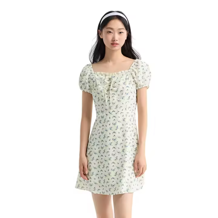 Vestido de Chifón Floral Semir Manga de Burbuja, Cuello Cuadrado, Cintura Corta - 1