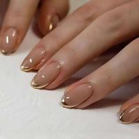 24 piezas de diseño dorado en forma de almendra francesa, uñas ovaladas simples, uñas postizas completamente cubiertas - details 0
