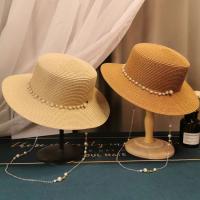 Sombreros de sol planos con cadena de perlas de verano para mujer, sombrero femenino de paja ancho Anti-UV, gorro de playa para niña - details 1