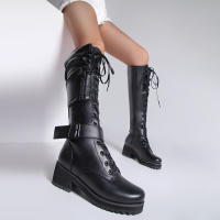 Botas de cuero con cremallera lateral para mujer, botines de tacón bajo a la moda, parte inferior gruesa con cordones, novedad de invierno de 2025 - details 30