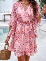 Elegante Vestido de Primavera-Verano para Mujer Manga Media, Estampado Floral, Cintura Alta, Largo hasta la Rodilla - details 2