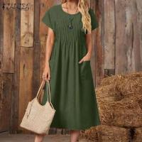 ZANZEA-Vestido elegante de verano, Vestido de manga corta con cuello de pico a la moda para mujer, Vestido veraniego plisado liso a media pantorrilla, Vestido informal de trabajo OL, caftán - details 4