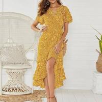 Flores de playa sexy para mujer, volantes estampados de gasa larga bohemia, vestido de escote informal con cuello con cuentas y apertura de verano - details 8