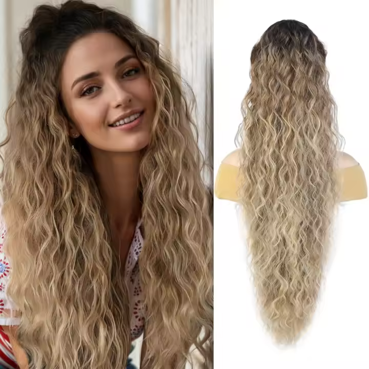 Peluca con cola de caballo con Clip para permanente de maíz, Clip ombré en cola de caballo larga ondulada y rizada, extensión de cola de caballo con cordón, peluca de cola de caballo para fiesta - 1