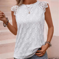 Ropa de mujer de talla grande, camiseta sin mangas con retazos de encaje bordado hueco blanco de 150kg, Top redondo - details 2