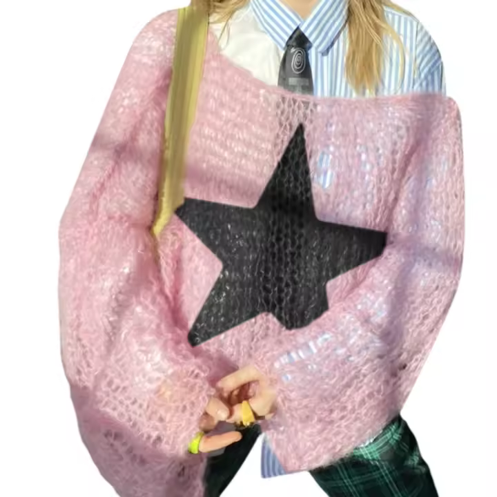 Suéteres de punto calados de gran tamaño para mujer, ropa de calle Grunge Harajuku, Jersey holgado de manga larga con cuello redondo, jerséis informales - 1