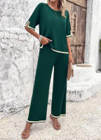 Conjuntos de punto de verano para mujer, trajes de 2 piezas, Tops de manga corta con pantalones, Verde S - details 5