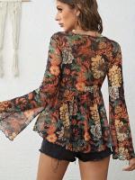La nueva camiseta largo-sleepred de la malla fina, camiseta campana-sleepred impresa remata para las mujeres - details 4