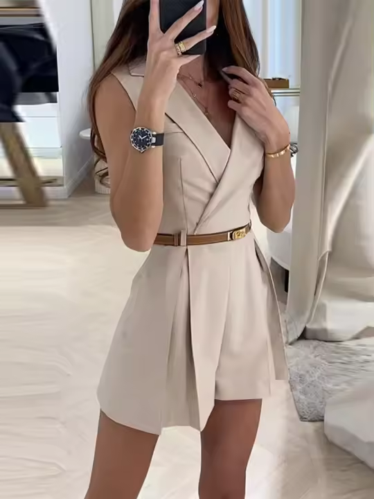 Cinturón elegante para mujer, moda sin mangas, cuello redondo, ranurado, pantalones cortos, 2025 - 1