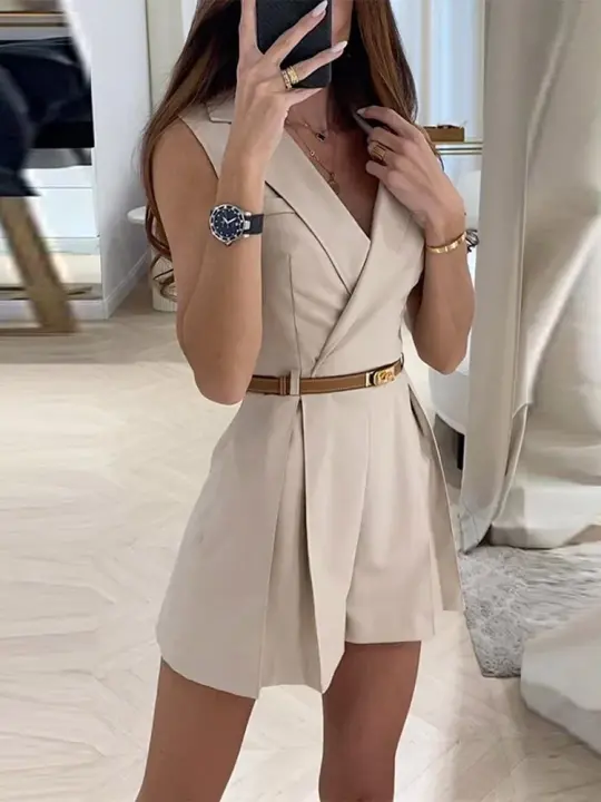 Cinturón elegante para mujer, moda sin mangas, cuello redondo, ranurado, pantalones cortos, 2025 - 1
