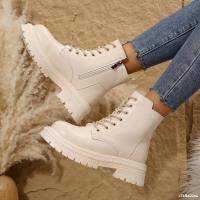Botas de moto de cuero Pu para mujer, botas de tobillo cálidas con cordones de felpa, tacón plano beige negro, botas de algodón antideslizantes, invierno - details 15