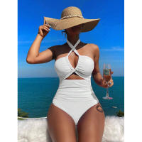 Nuevo traje de baño para mujer, traje de baño de una pieza de cintura alta de Color sólido, Bikini - details 4