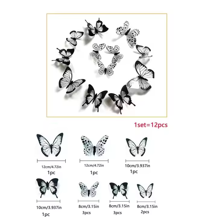 Pegatinas de Pared de Mariposa 3D Blancas y Negras Decoración de Boda Decalques de Dormitorio y Sala de Estar - 1