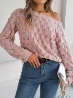 Suéter Casual de Invierno-Otoño Cuello Oblicuo, Manga Larga, Moda para Mujeres en Rosa - details 9