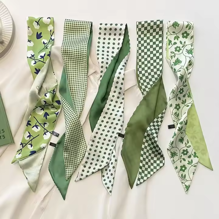 5 unidades/juego de bufanda de satén de seda, bandas para el cabello de tela para mujer, accesorios de tocado, bufandas de señora, cinta para el cuello para asa de bolso - 1