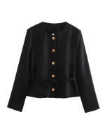 Elegant Black White Jacket For Women Autumn O Neck Long Sleeve Crop Coat Single Breasted With Belt Lady New Outerwear - details 4