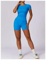 Conjunto de Yoga Sin Costuras para Mujer 2 Piezas Traje de Gimnasio con Top Corto de Manga Corta y Shorts para Correr Ropa Deportiva Activa Material Exterior de Nylon - details 5