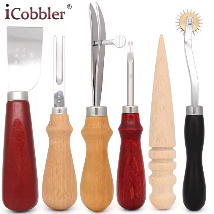 Juego de herramientas esenciales para principiantes, cuchillo de corte de cuero, pala, bruñido, lijado, artesanía de cuero, Kit de punto de rueda, 6 piezas - 1