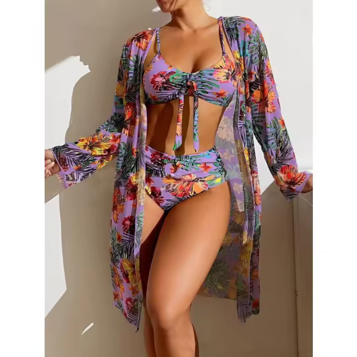 Traje de baño floral con estampado Conjunto de bikini para mujer Sujetador inalámbrico con almohadilla Top deportivo Blusa de manga larga Talla grande - 1