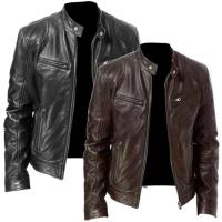 Chaqueta de Cuero para Hombres en Otoño Cuello de Stood, Estilo Motocicleta, Negro y Marrón - details 5