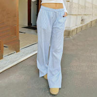 BUNO-Pantalones de encaje a rayas para mujer, Pantalones rectos de pierna ancha con cintura elástica y cordón, ropa de calle holgada para primavera y verano, pantalones de chándal informales - details 17