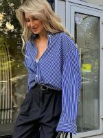 Camisa de mujer blusa a rayas abotonada azul primavera y otoño suelta estilo coreano venta de nuevos Tops femeninos 2024 - details 1