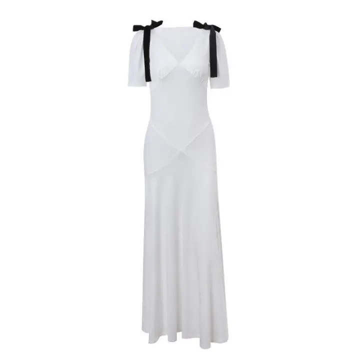 BUNO-Vestido largo con lazo para mujer, prenda de cintura alta, manga corta, elegante, ajustado, para fiesta - 1